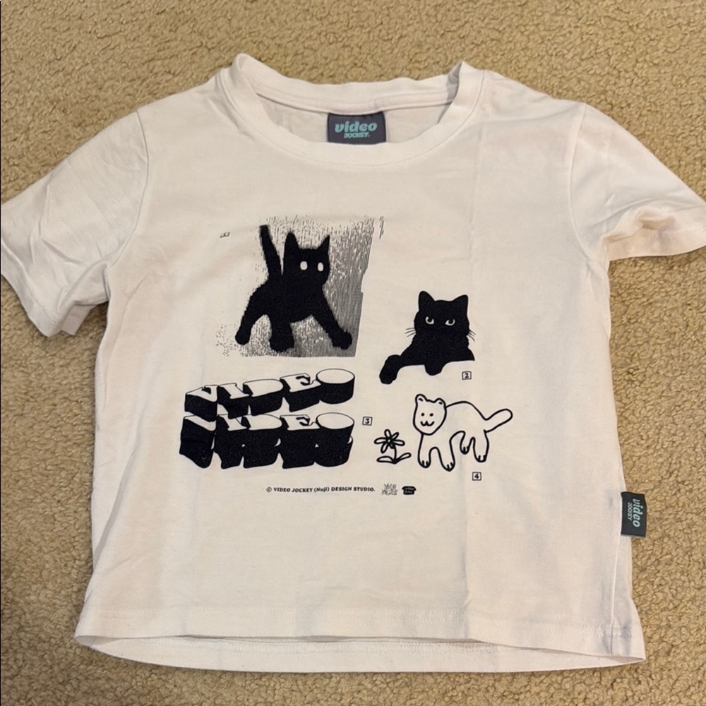 White Crop Top with Playful Cat Design